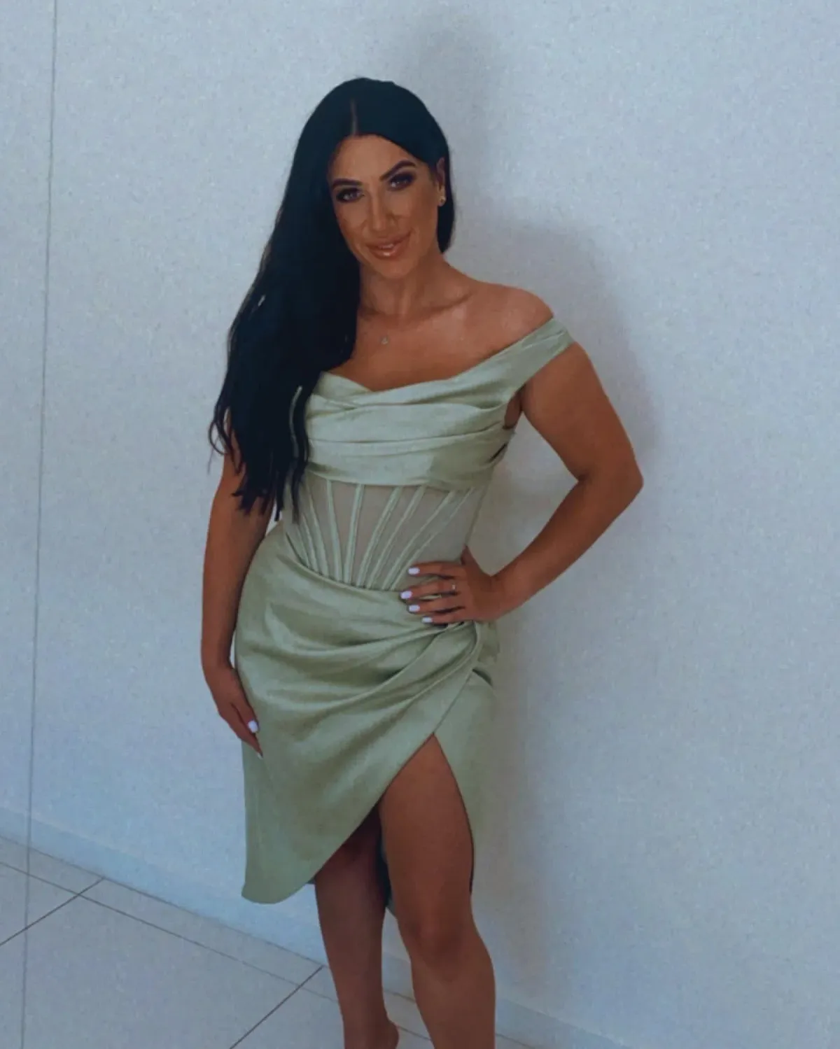 House of CB Lulu Asymmetric Drape Corset Midi Dress Green Size 8  - Image 5