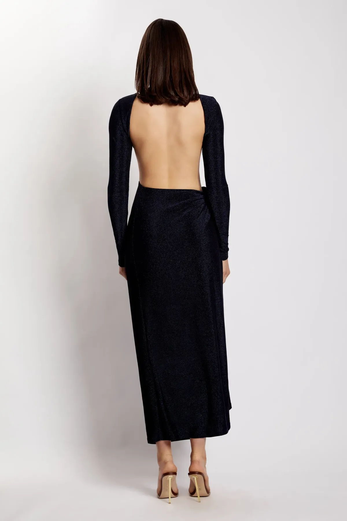 Meshki Christina Backless Maxi Wrap Dress in Navy Shimmer Size 8 - Image 4