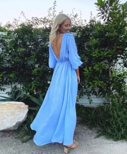 Scanlan Theodore Italian Linen Low Back Dress Blue Size 6 for rent on The Volte - image 3