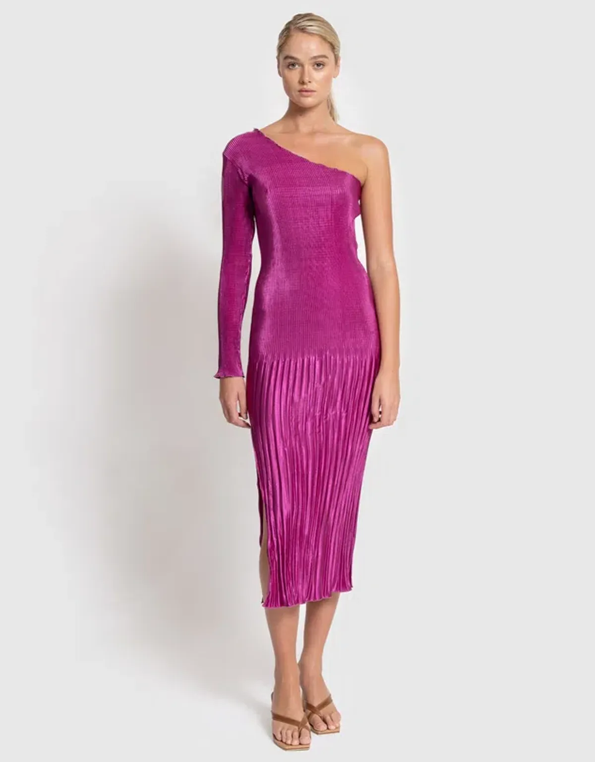 L'Idee Soiree One Shoulder Long Sleeve Dress Magenta Size 10  - Image 1