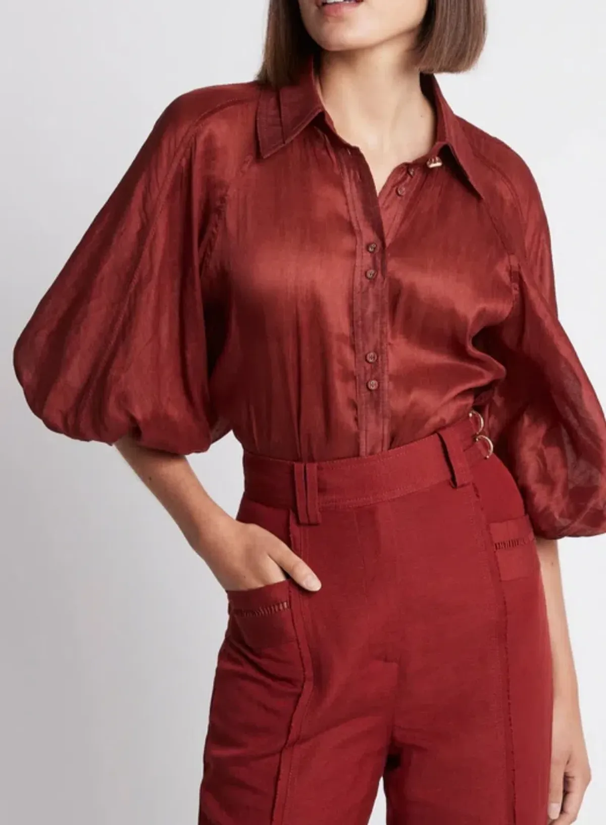 Aje Palms Puff Sleeve Shirt Burgundy Size 12 - Image 1