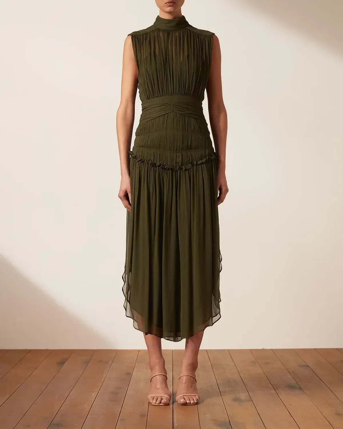 Shona Joy Safira Sleeveless Open Back Midi Dress in Olive Green Size 8 - Image 1