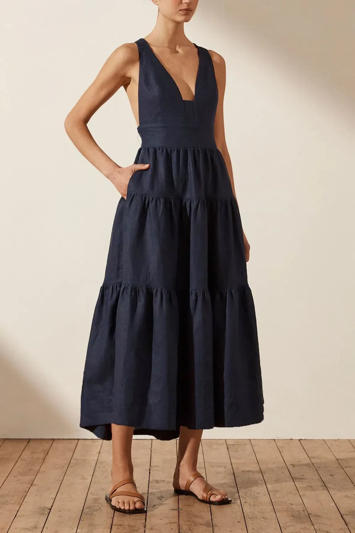Shona Joy Ligia Plunged Cross Back Midi Dress Navy Size 6 - Image 1
