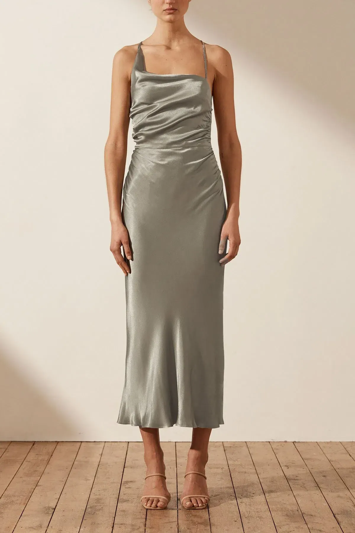 Shona Joy La Lune Asymmetrical Bias Cowl Midi Dress Sage Green Size 6 - Image 1