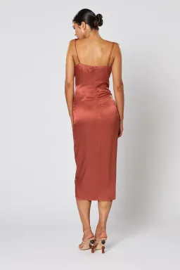 Winona Cara Asymmetric Satin Midi Dress in Copper Brown Size XS for rent on The Volte - image 2