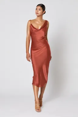 Winona Cara Asymmetric Satin Midi Dress in Copper Brown Size XS for rent on The Volte - image 1