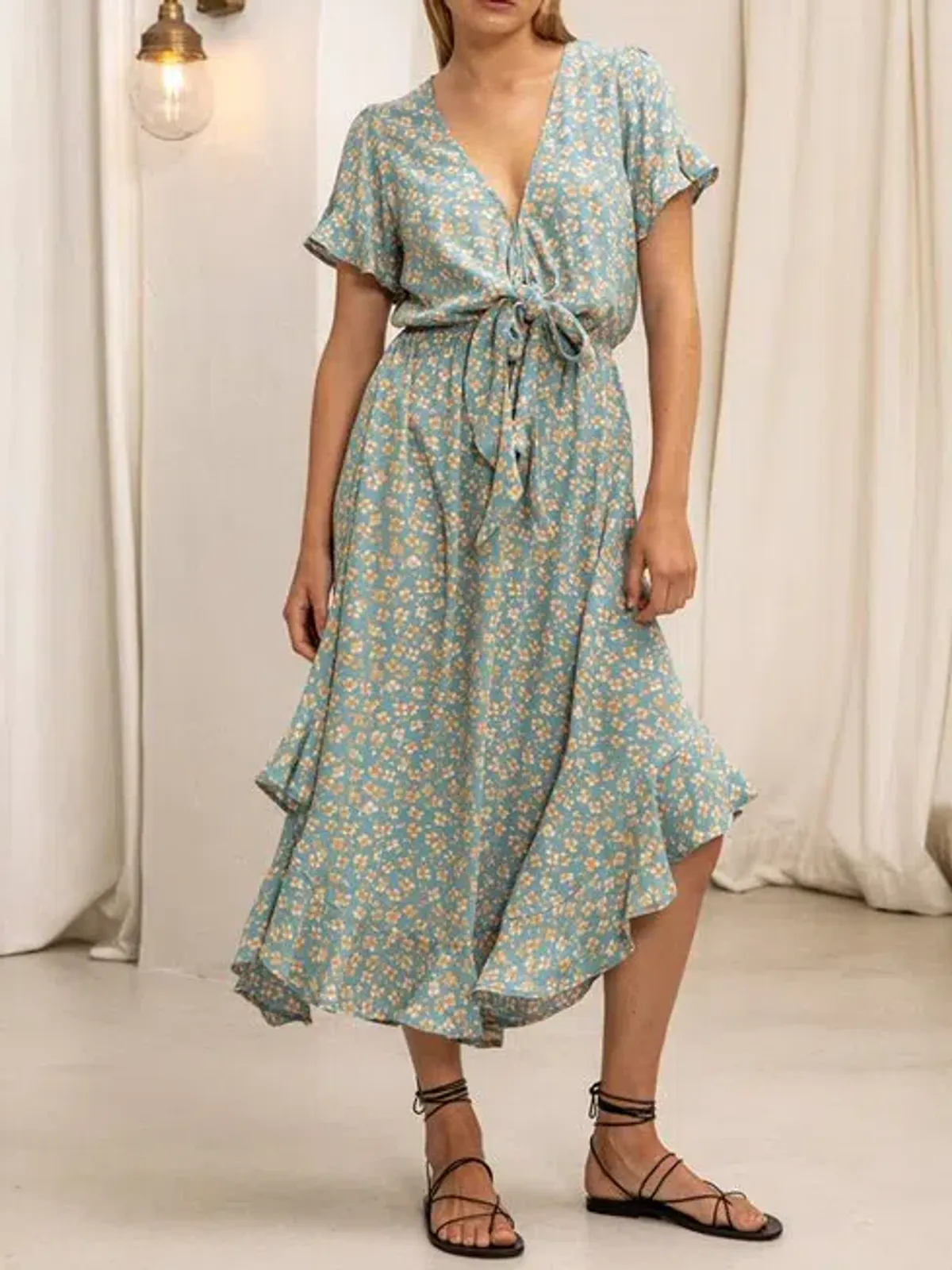 Kivari Nell Tie Front Midi Dress Ditsy Floral Size S - Image 1