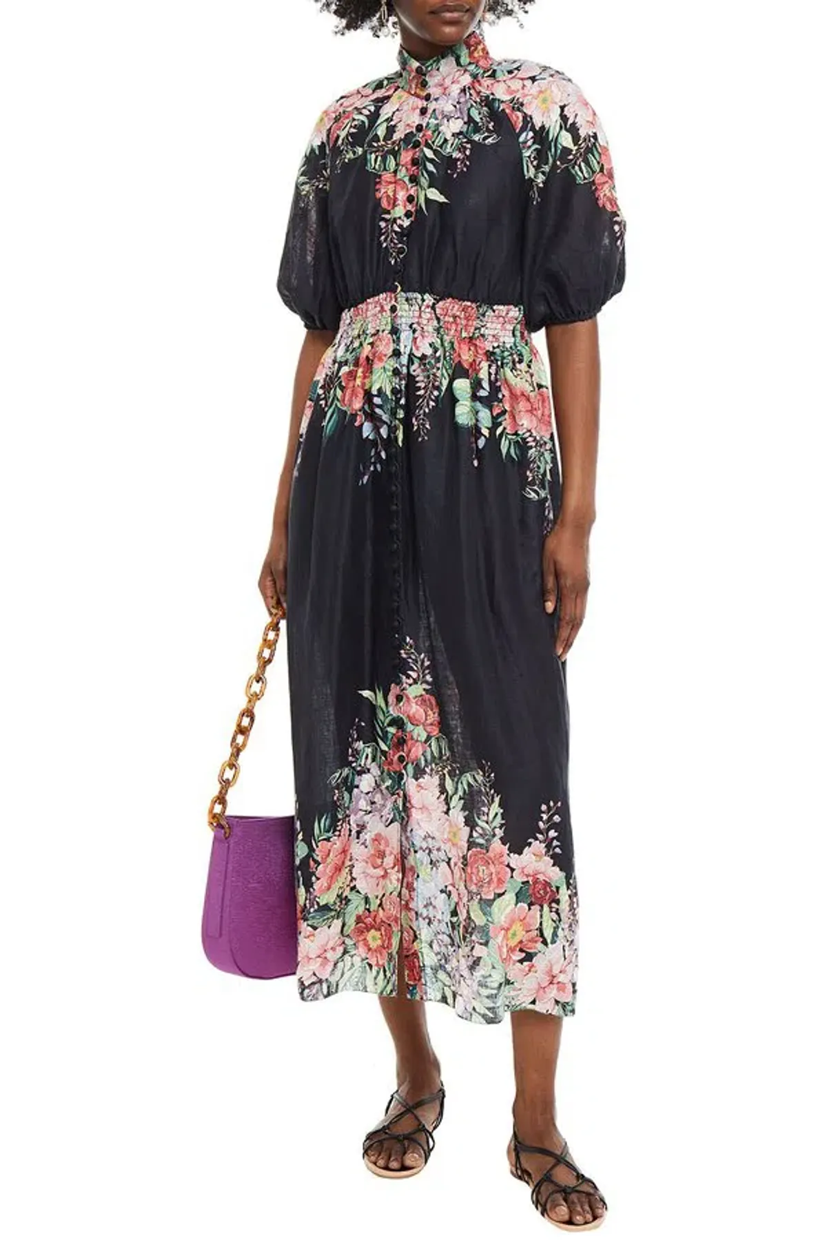 Zimmermann Bellitude Shirred Waist Midi Dress in Dark Navy Floral Size 0 / AU 8 - Image 3