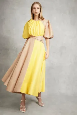 Aje Caliente Two Tone Puff Sleeve Dress Yellow/Brown Size 8 for rent on The Volte - image 1