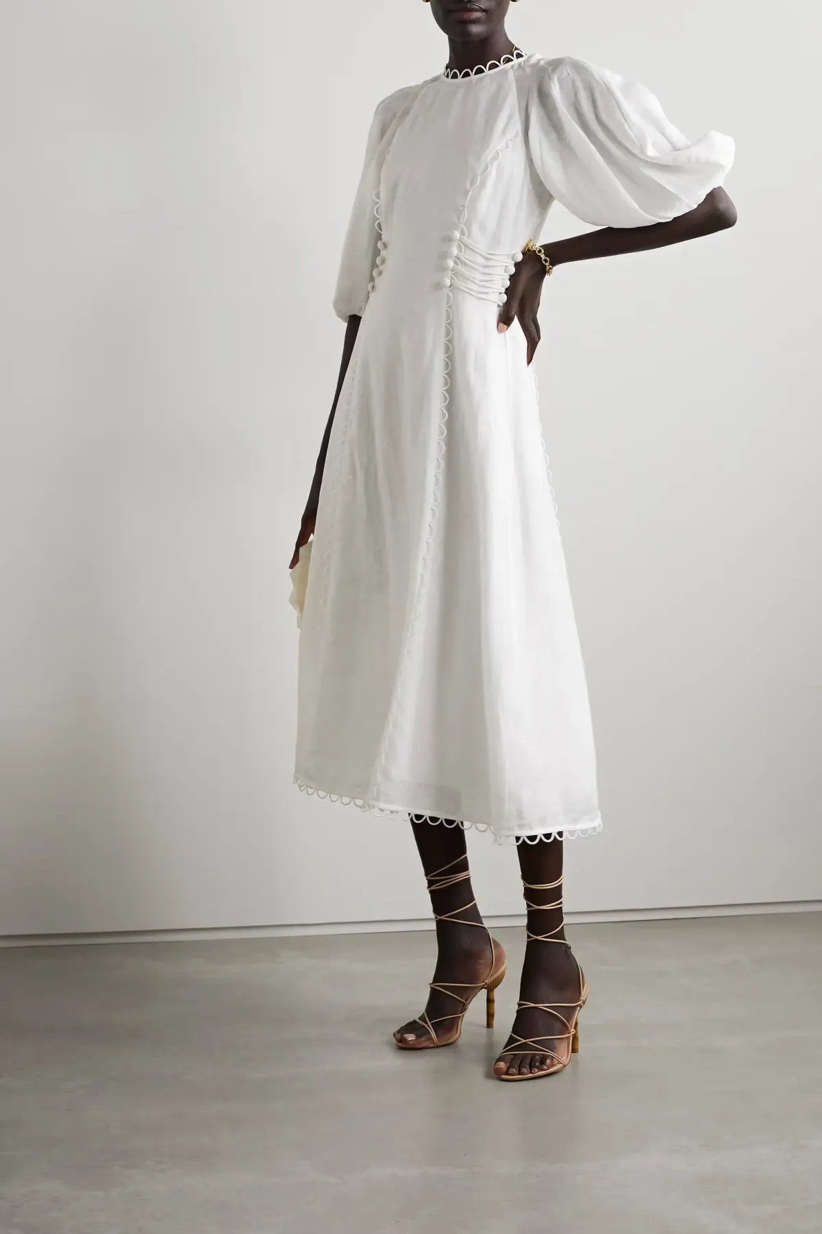 Zimmermann Rosa Button Detailed Linen Midi Dress Ivory Size 0 / AU 8 - Image 1