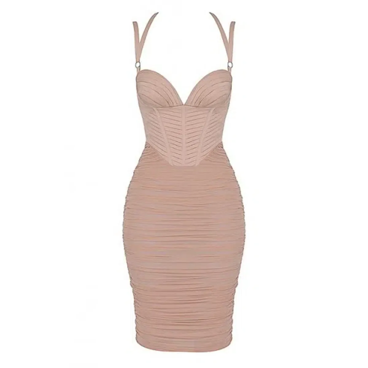 House of CB Dress Josephine Pleated Corset Midi Dress Taupe Size 10 - Image 3