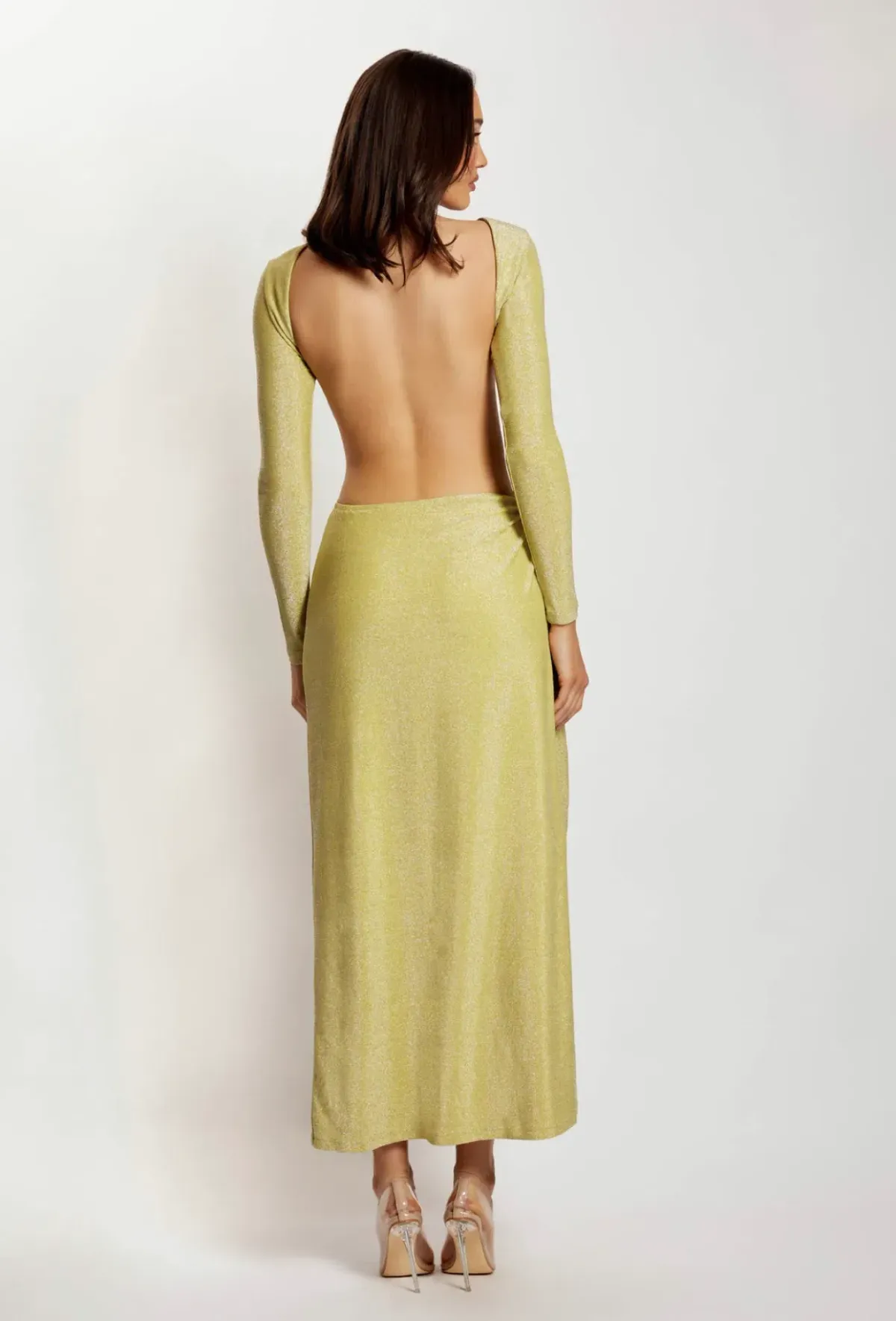 Meshki Christina Backless Maxi Wrap Dress Green Shimmer Size L - Image 3