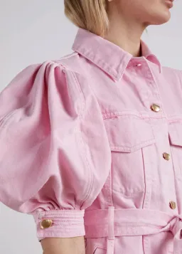 Aje Triada Button Denim Puff Sleeve Mini Dress Pink Size 14 for rent on The Volte - image 3