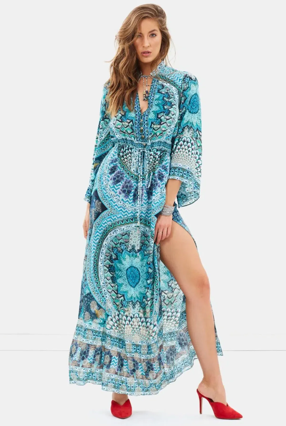 Camilla Drawstring Button Up Dress Turn On The Charm Print Size L - Image 1
