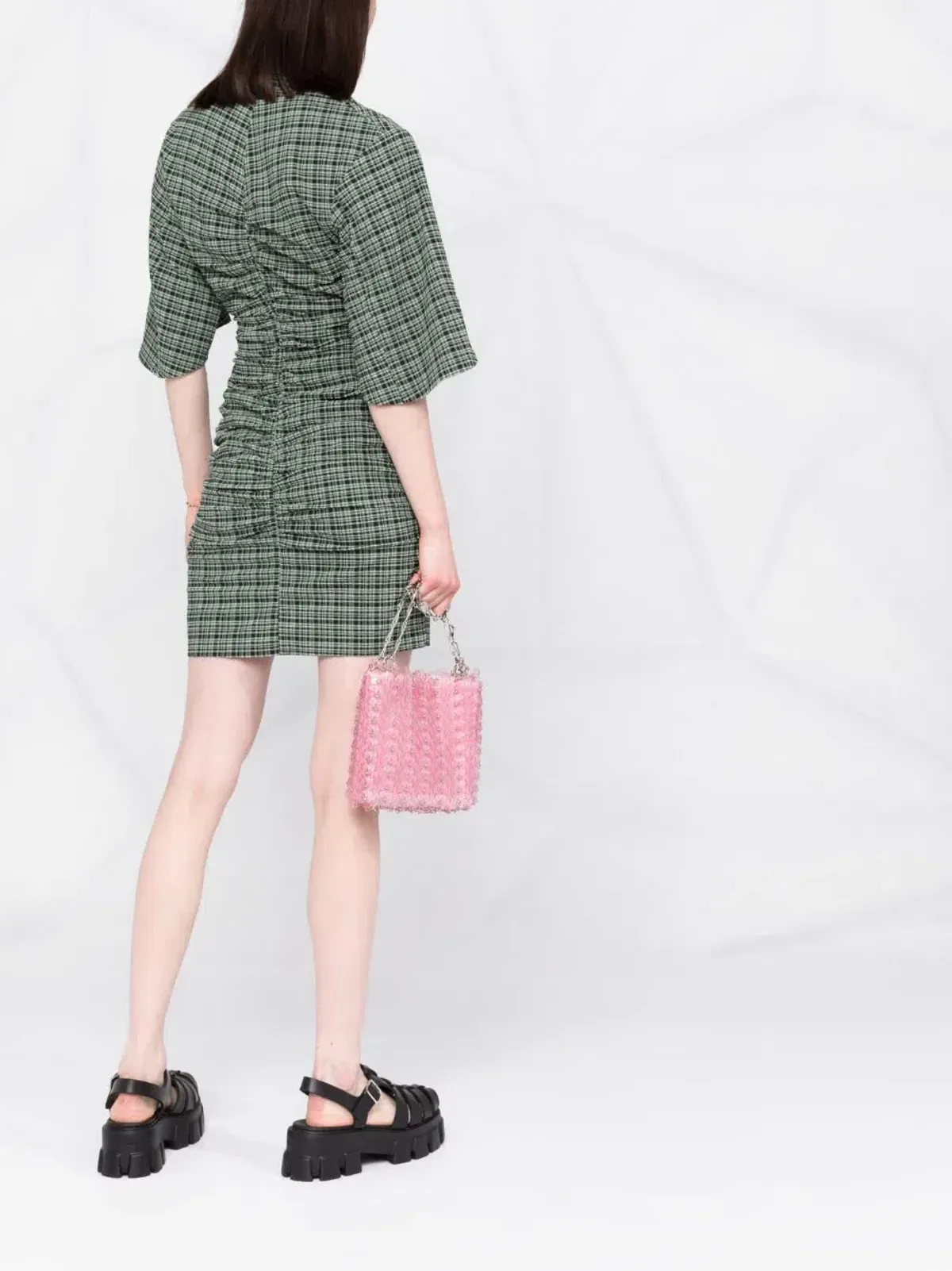 Ganni Seersucker Check Ruched Dress Bay Green Size 14 - Image 3