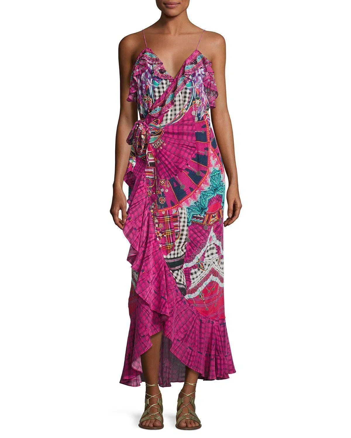 Camilla Embellished Crepe Ruffle Maxi Wrap Dress Desert Discotheque Print Size AU 12 - Image 1