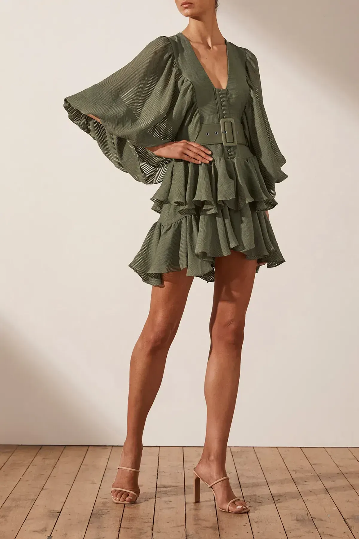 Shona Joy Charlotte Plunged Draped Mini Dress Khaki Size 8 - Image 1