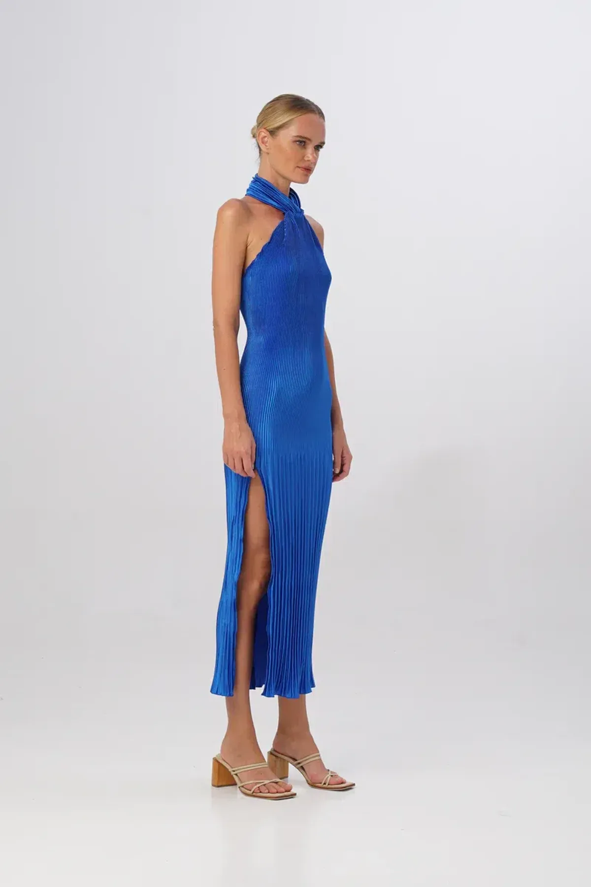 L'Idee The Soirée Pleated Halter Gown MOROCCAN Blue Size 8 - Image 3