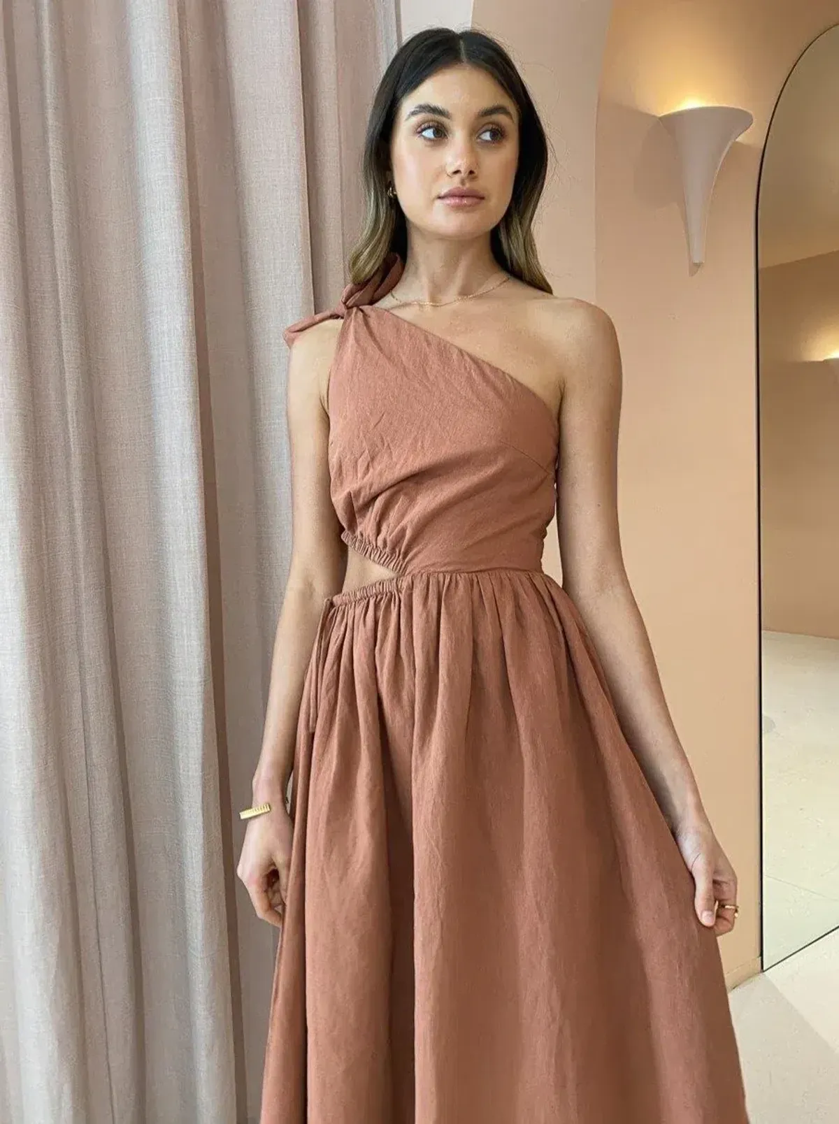 By Nicola Gabriella One Shoulder Midi Dress Desert Brown Size 6 - Image 2
