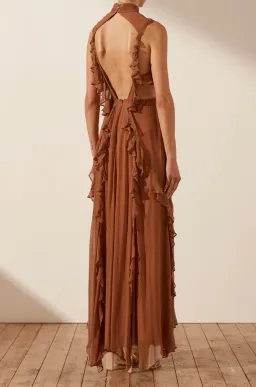 Shona Joy Leonie Backless Frill Maxi Dress in Almond Brown Size 6 for rent on The Volte - image 3