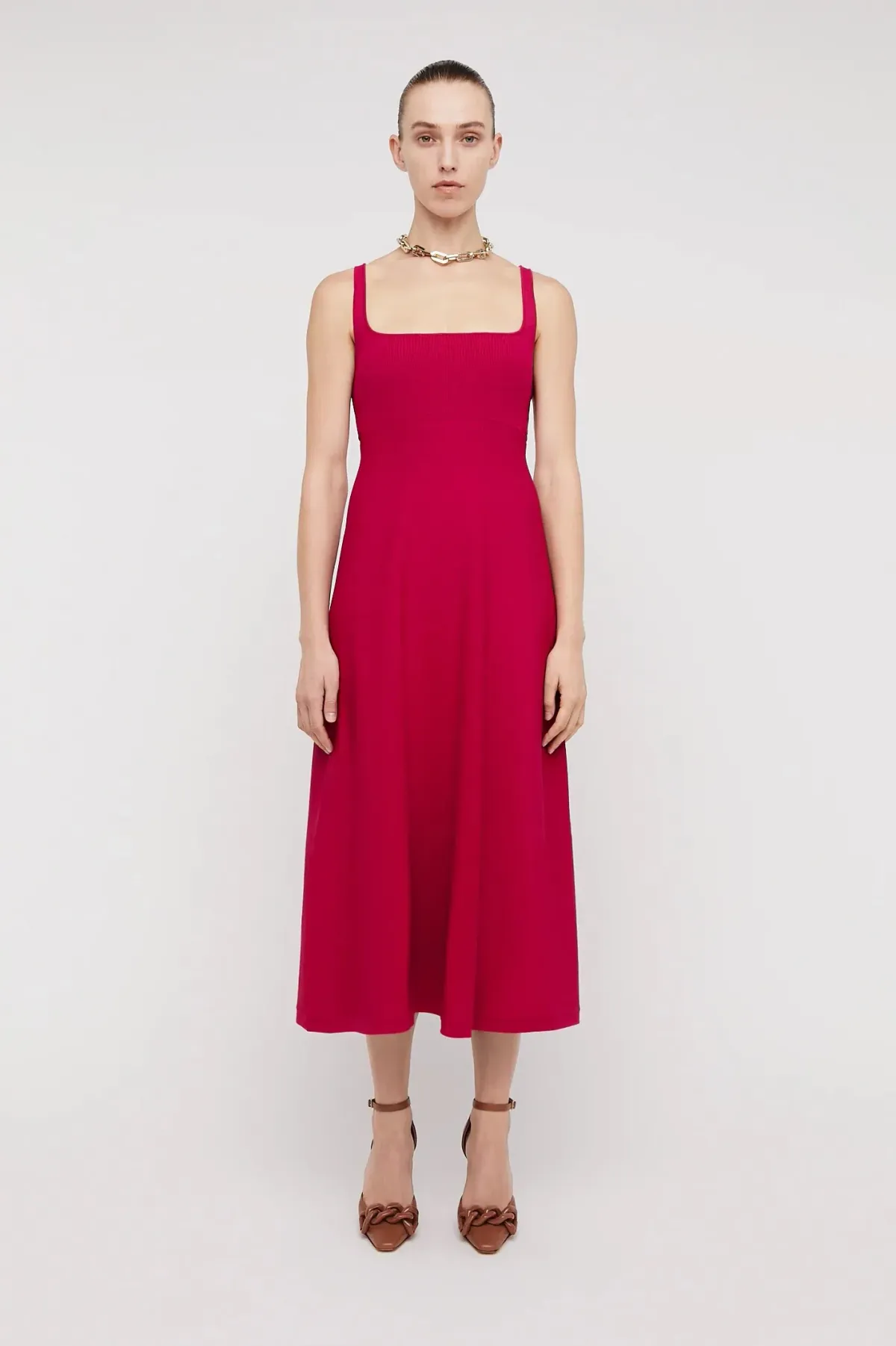 Scanlan Theodore Crepe Knit Square Neck Dress in Raspberry Red Size S/ AU 8 - Image 1