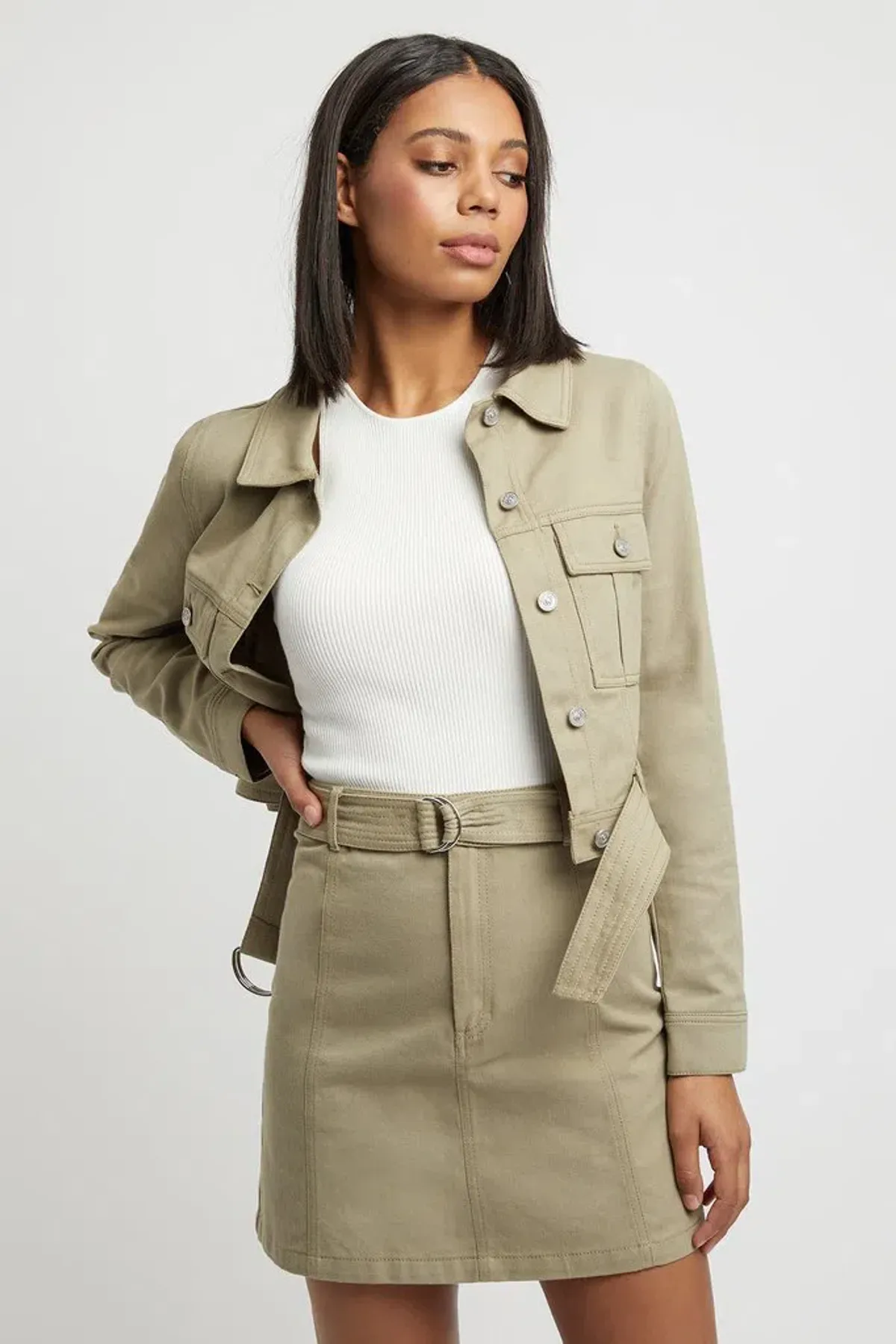 Kookai Dublin Belted D-Ring Jacket in Moss Gray Green Size 10 - Image 2