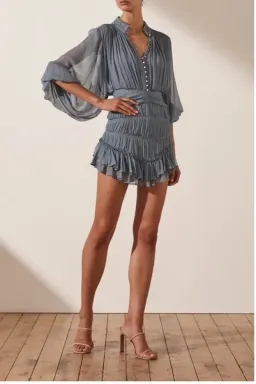 Shona Joy Kayla Button Up Ruched Mini Dress Blue Smoke Size 10  for rent on The Volte - image 3