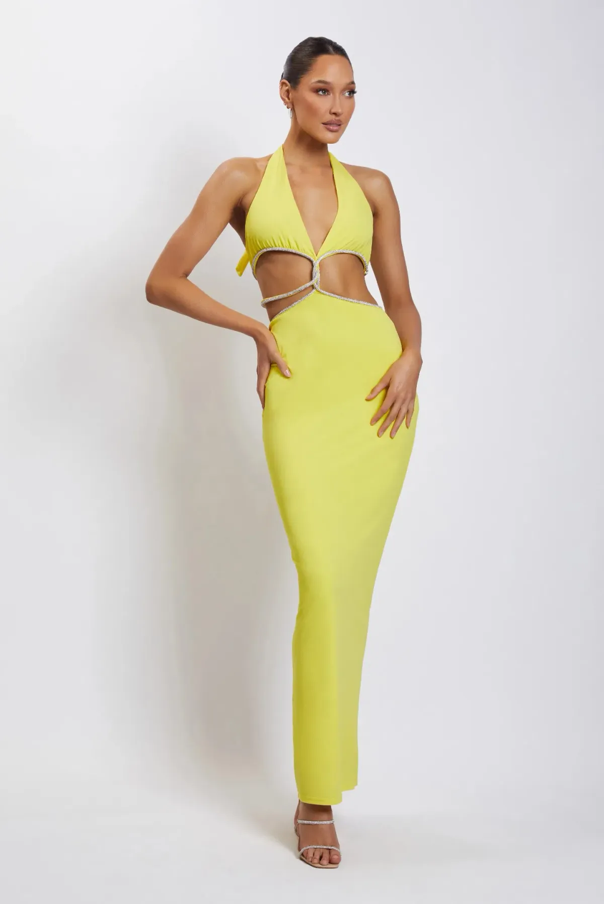 Meshki Nicha Diamante Cut Out Midi Dress Yellow Size 8 - Image 1