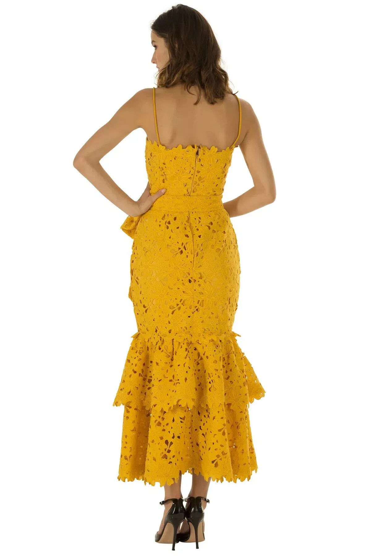 Bambah Double Ruffle Lace Midi Dress Yellow Size 12  - Image 2