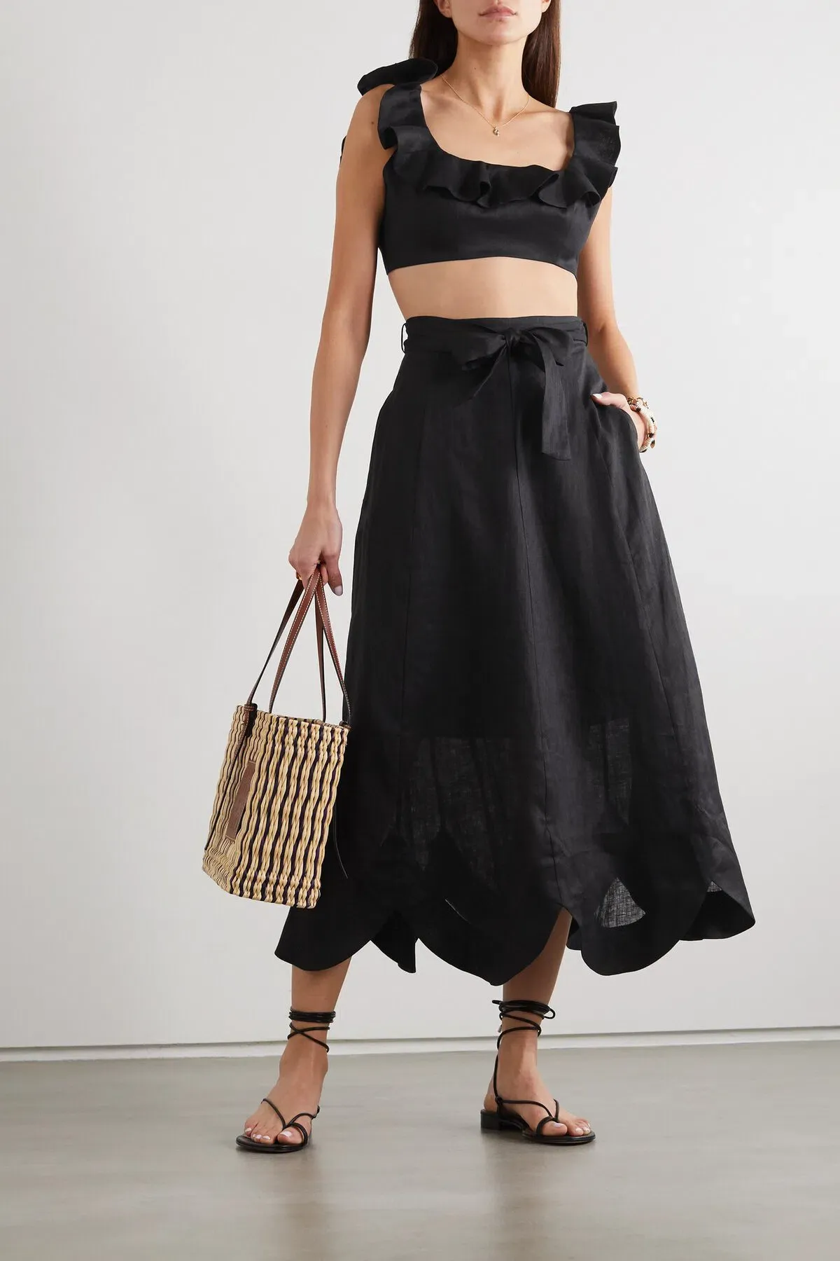 Zimmermann Riders Belted Scalloped Linen Midi Skirt and Bralette Set Black Size 1/AU 10 - Image 1