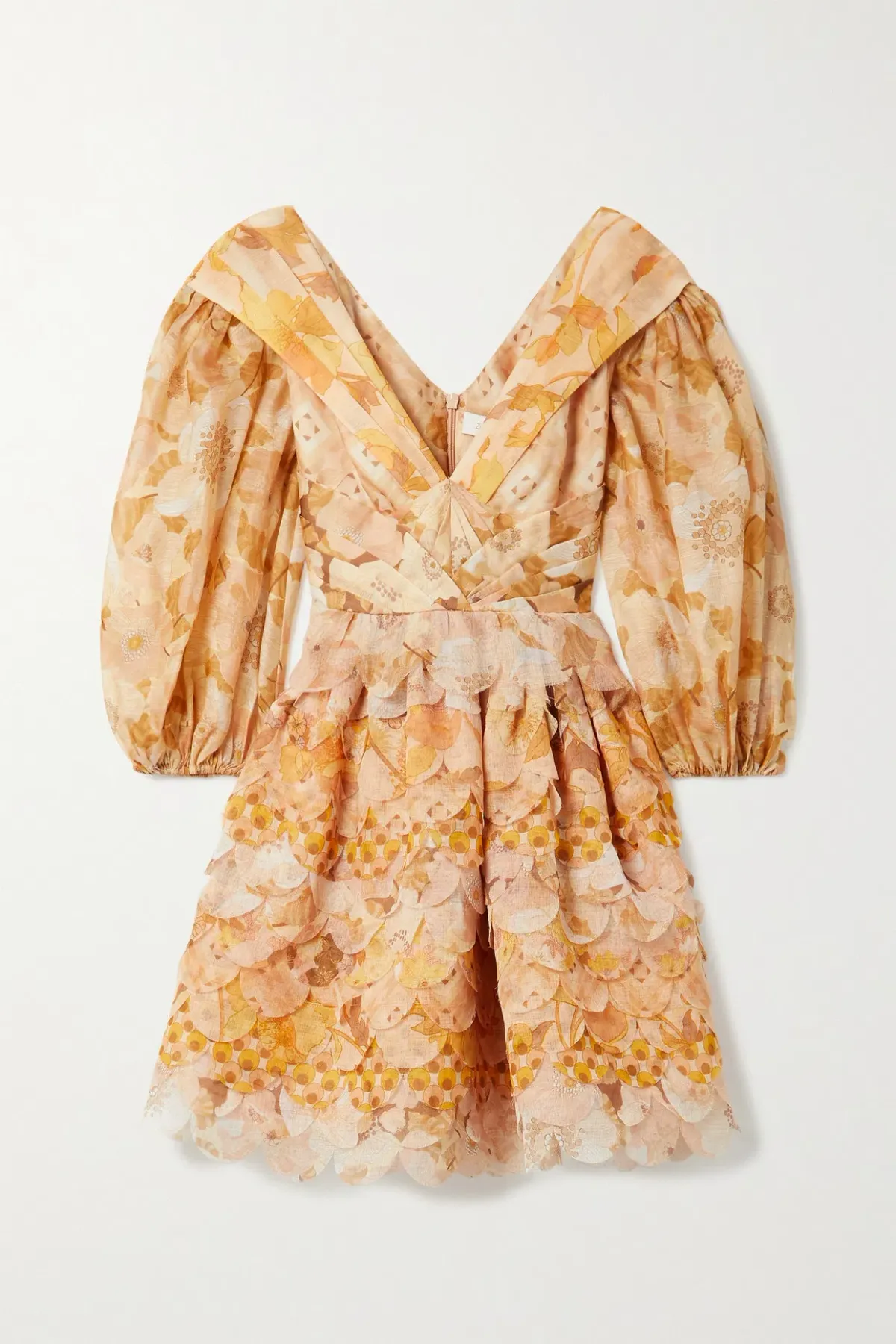 Zimmermann Tempo Scalloped Mini Dress Gold Mixed Print Size 3 - Image 3