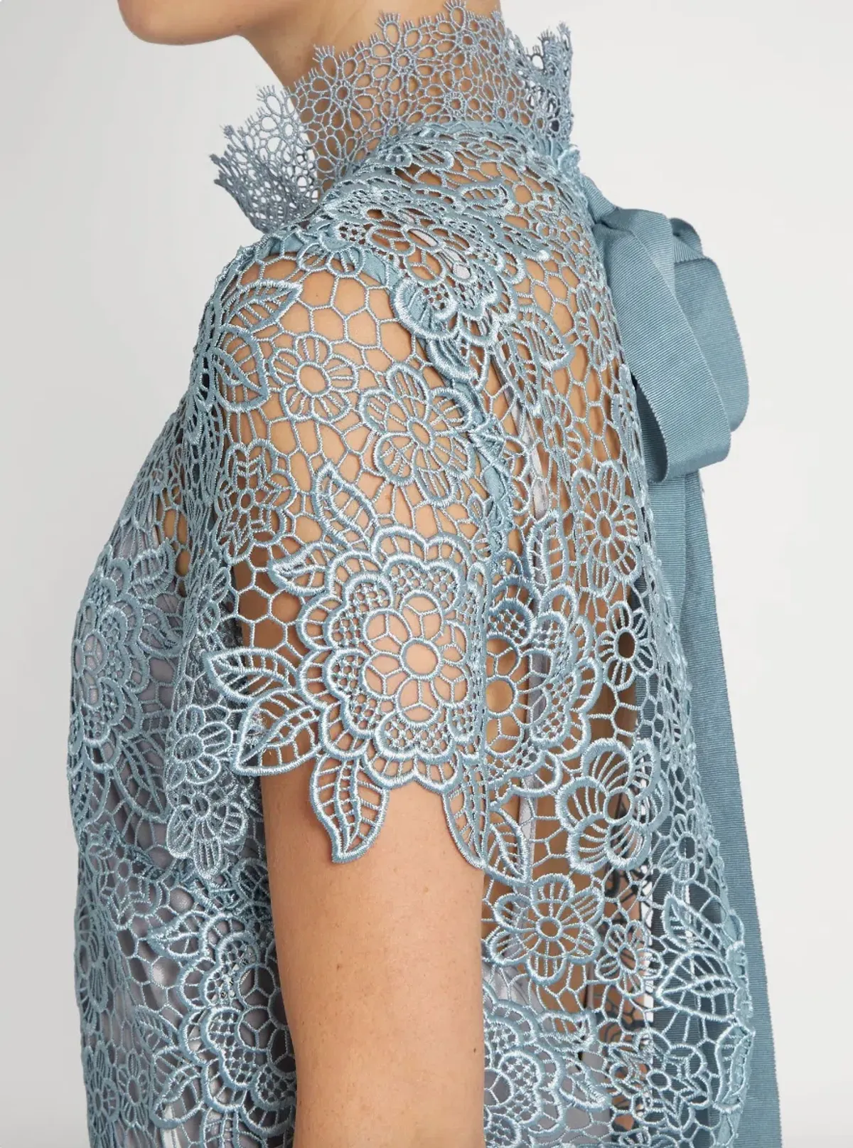 Self Portrait Peep Back Floral Lace Mini Dress Light Blue Size 10 - Image 5