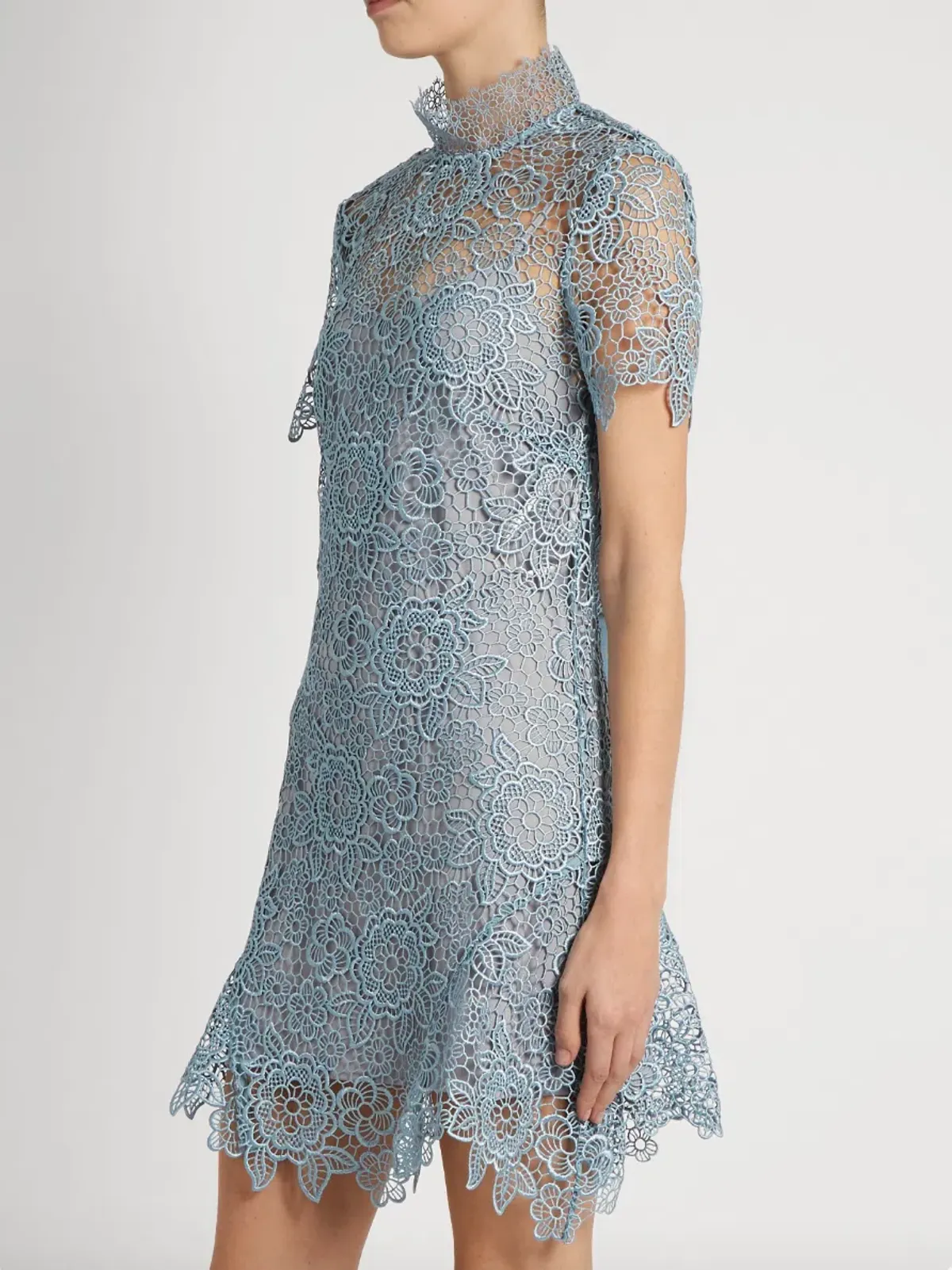 Self Portrait Peep Back Floral Lace Mini Dress Light Blue Size 10 - Image 3