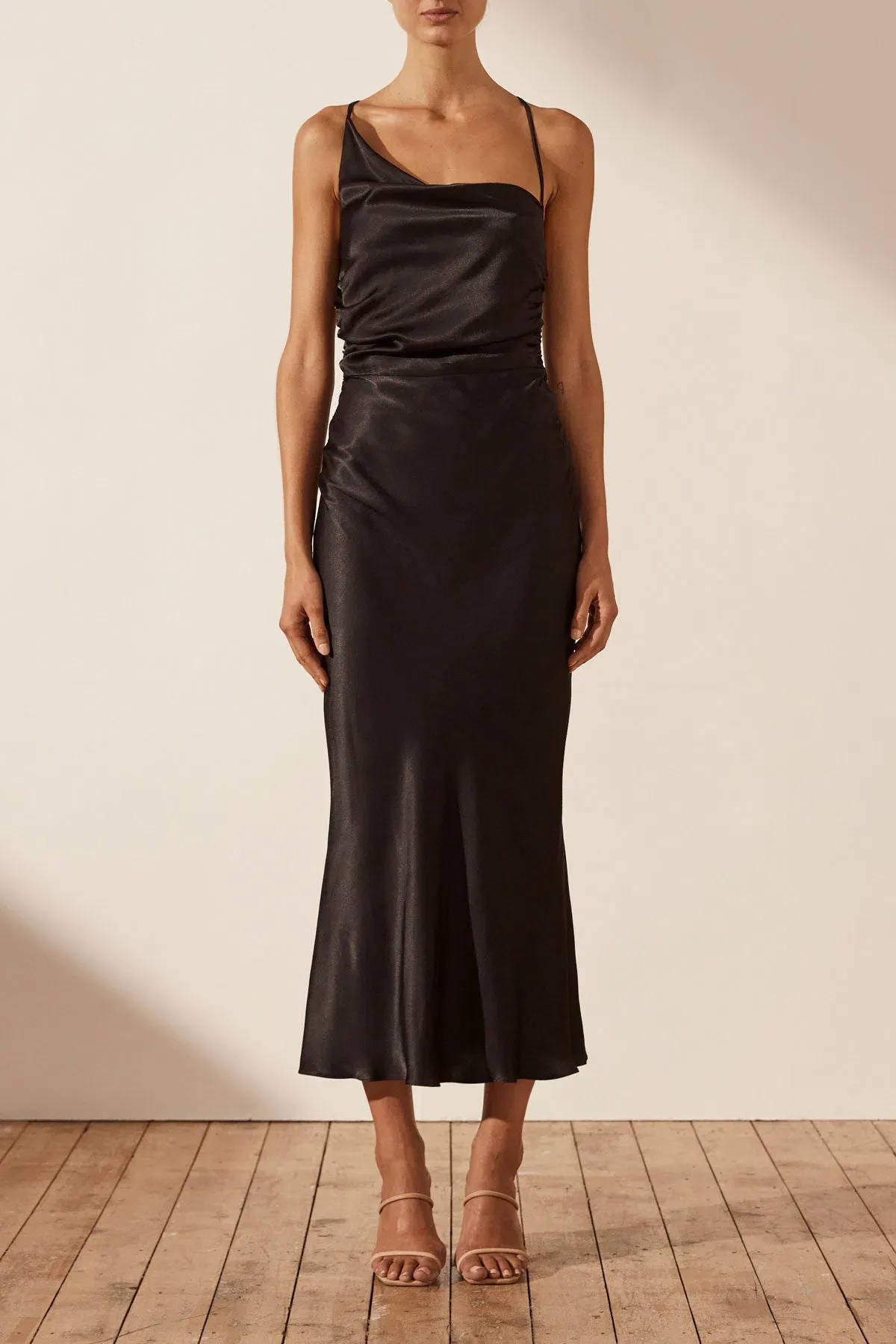 Shona Joy La Lune Asymmetrical Bias Cow Midi Dress Black Size 8 - Image 1