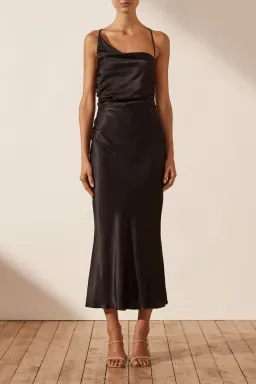 Shona Joy La Lune Asymmetrical Bias Cow Midi Dress Black Size 8 for rent on The Volte - image 1