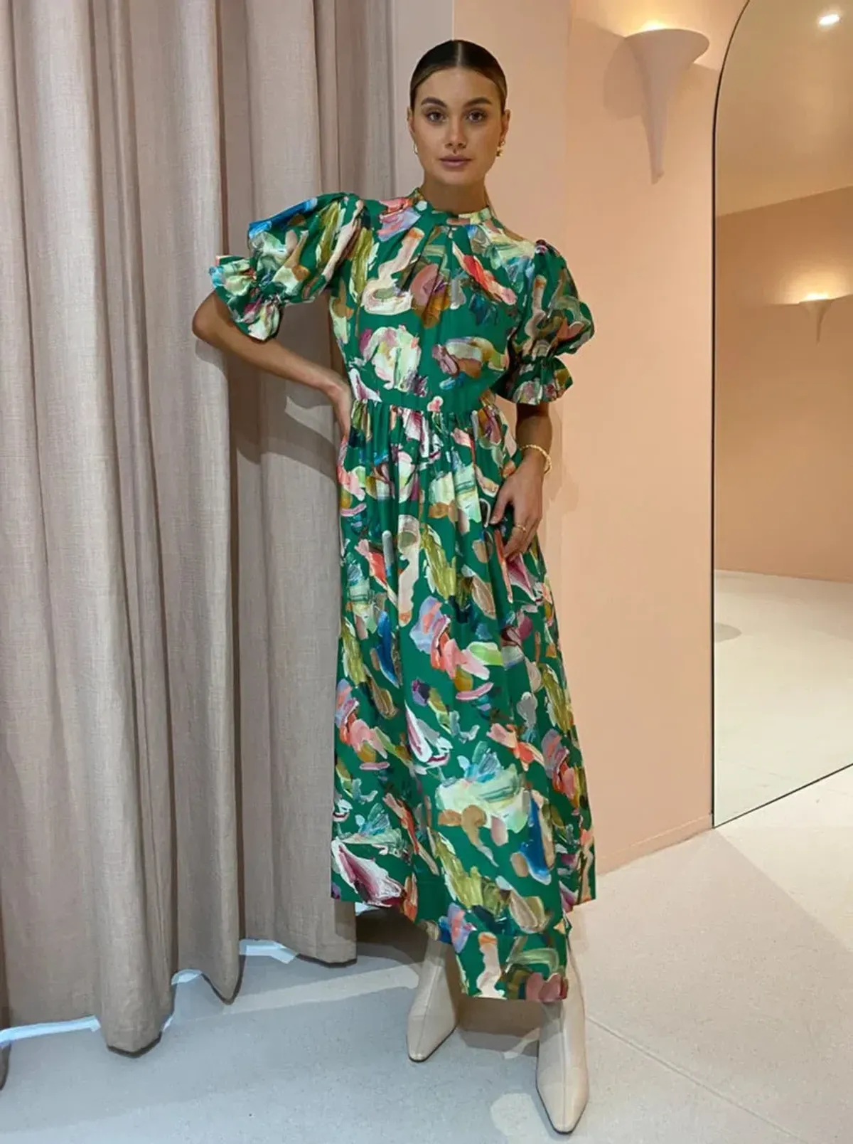 Alemais Arlo Puff Sleeve Midi Dress Green Print Size 12 - Image 1