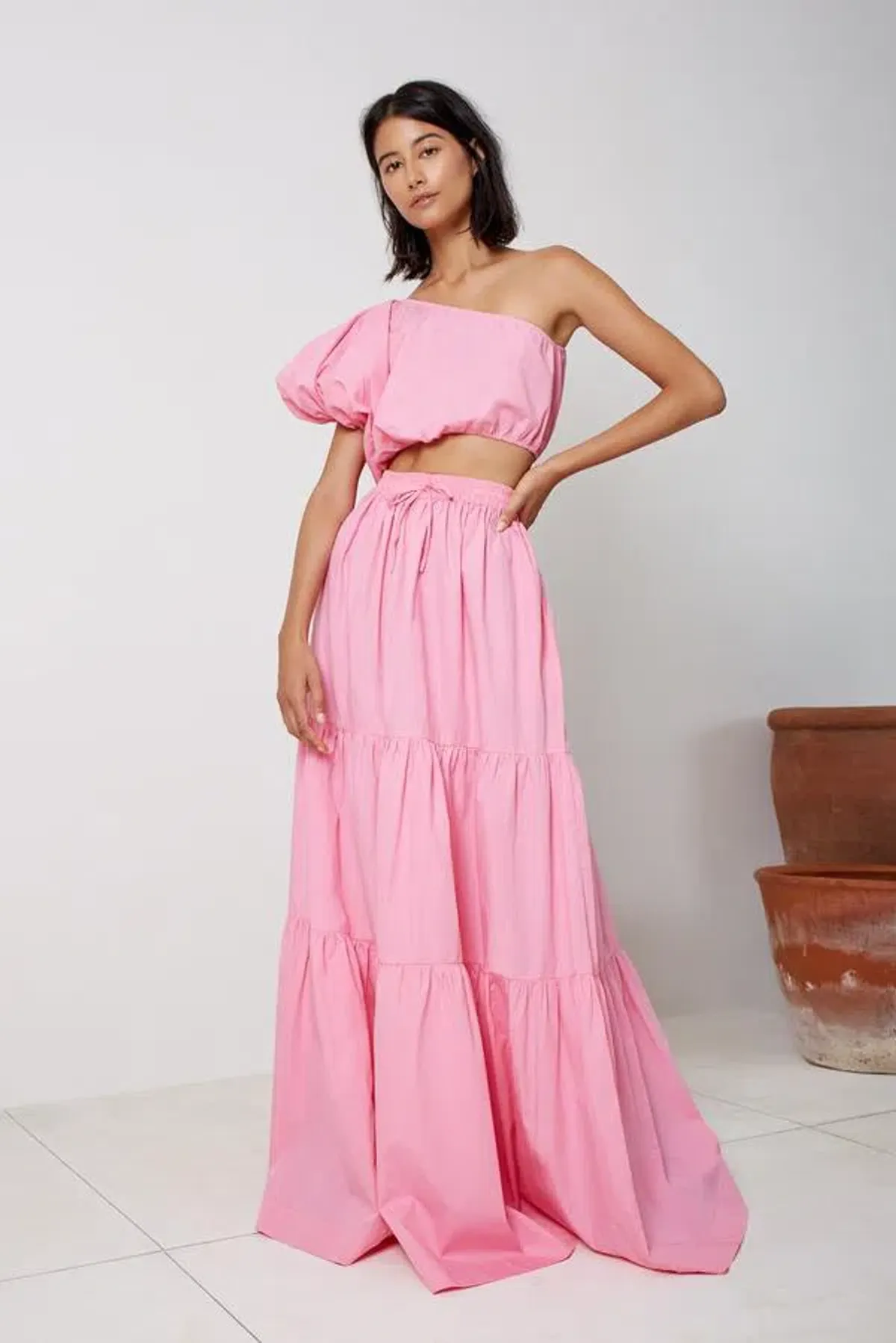 SWF One Shoulder Puff Sleeve Crop and Drawstring A-Line Tiered Maxi Skirt Set in Floss Pink Size 10 - Image 1