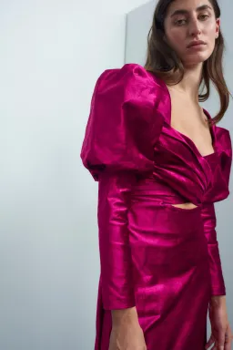 Alamais Rosario Puff Sleeve Midi Dress Fushia Size 10  for rent on The Volte - image 2