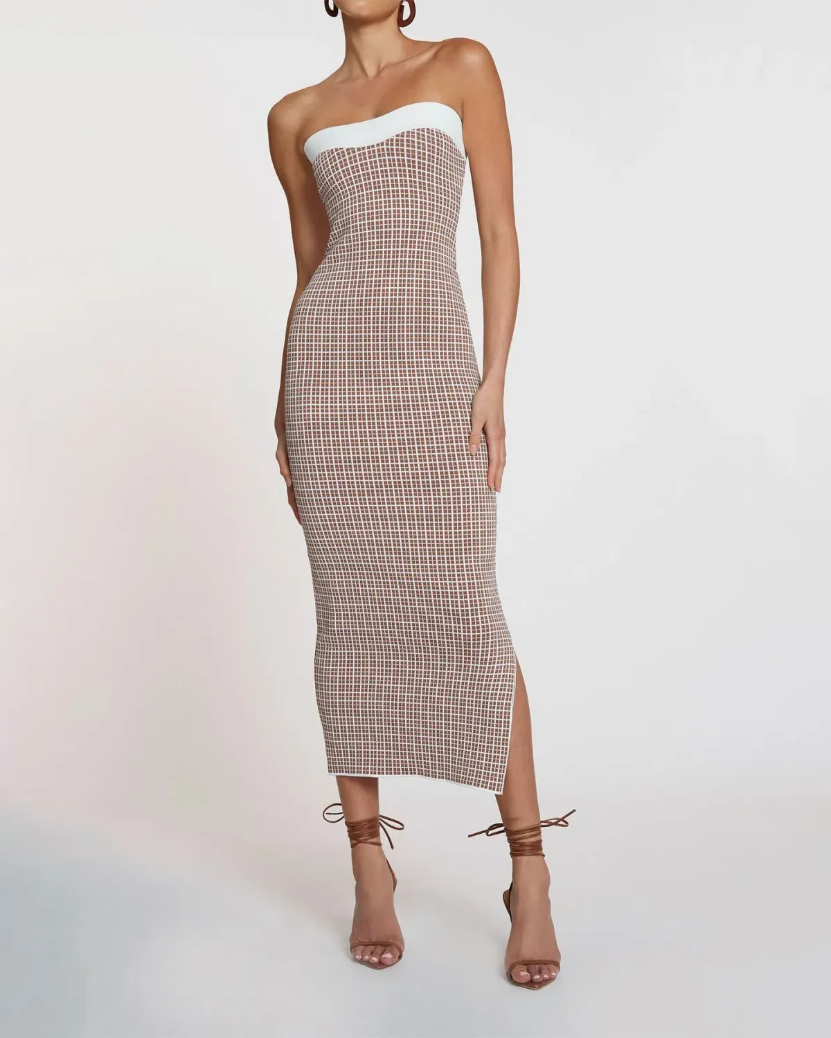 By Johnny Isabella Check Knit Strapless Dress Brown & Ivory Size 10 - Image 1