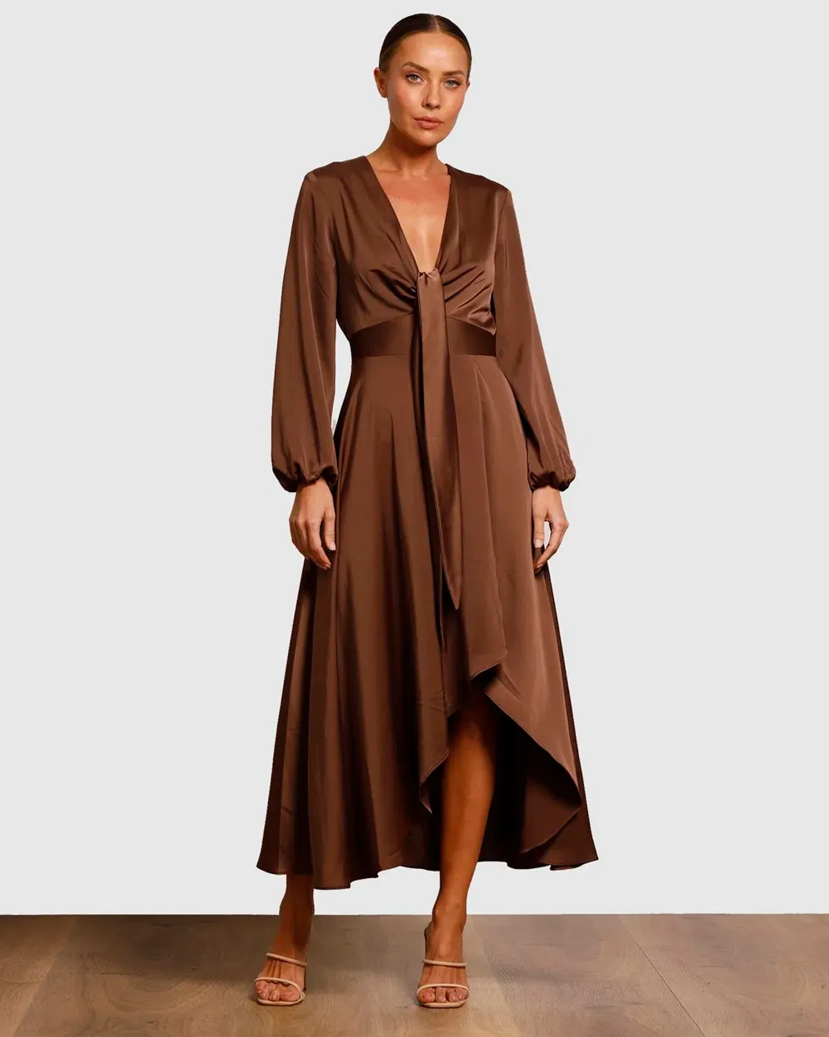 Pasduchas Cherish Tie Midi Dress Chocolate Brown Size 8 - Image 1