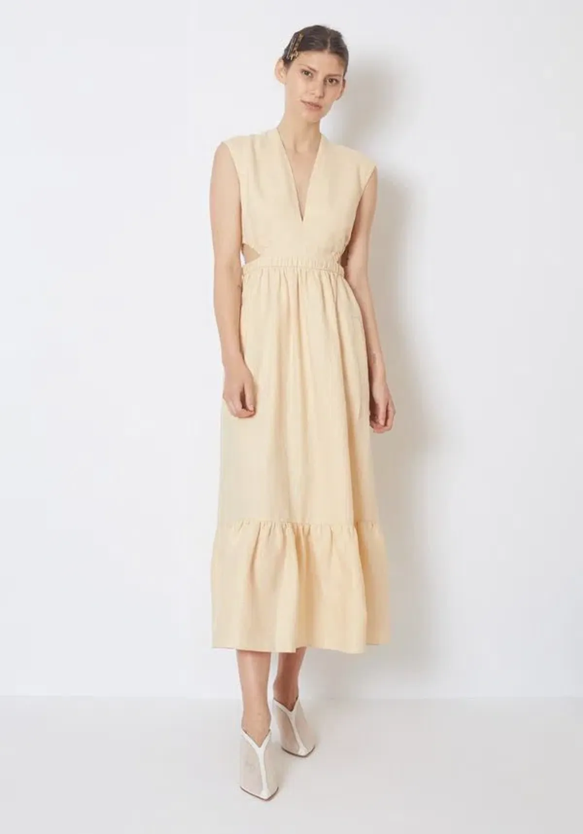 Tibi Linen Canvass V Neck Cut Out Dress in Butter Yellow Size 14 - Image 1
