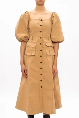 Ganni Square Neck Puff Sleeve Dress Tammin Beige Size 42/Au 10 for rent on The Volte - image 1