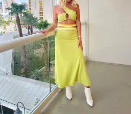 Christopher Esber Looped One Shoulder Rib Crop and Multi Bind Curve Skirt Set in Lime Size 10 for rent on The Volte - image 2