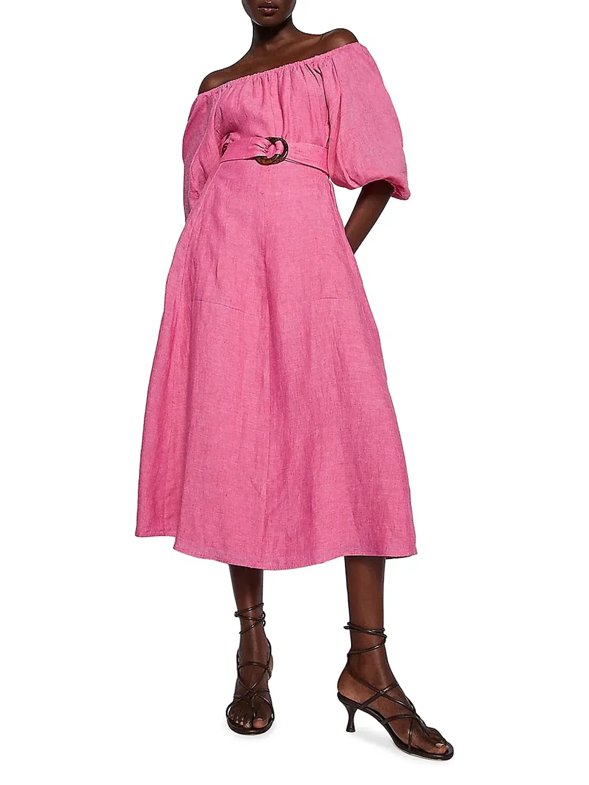 Scanlan Theodore Italian Linen Gathered Midi Dress Pink Size 10 - Image 1