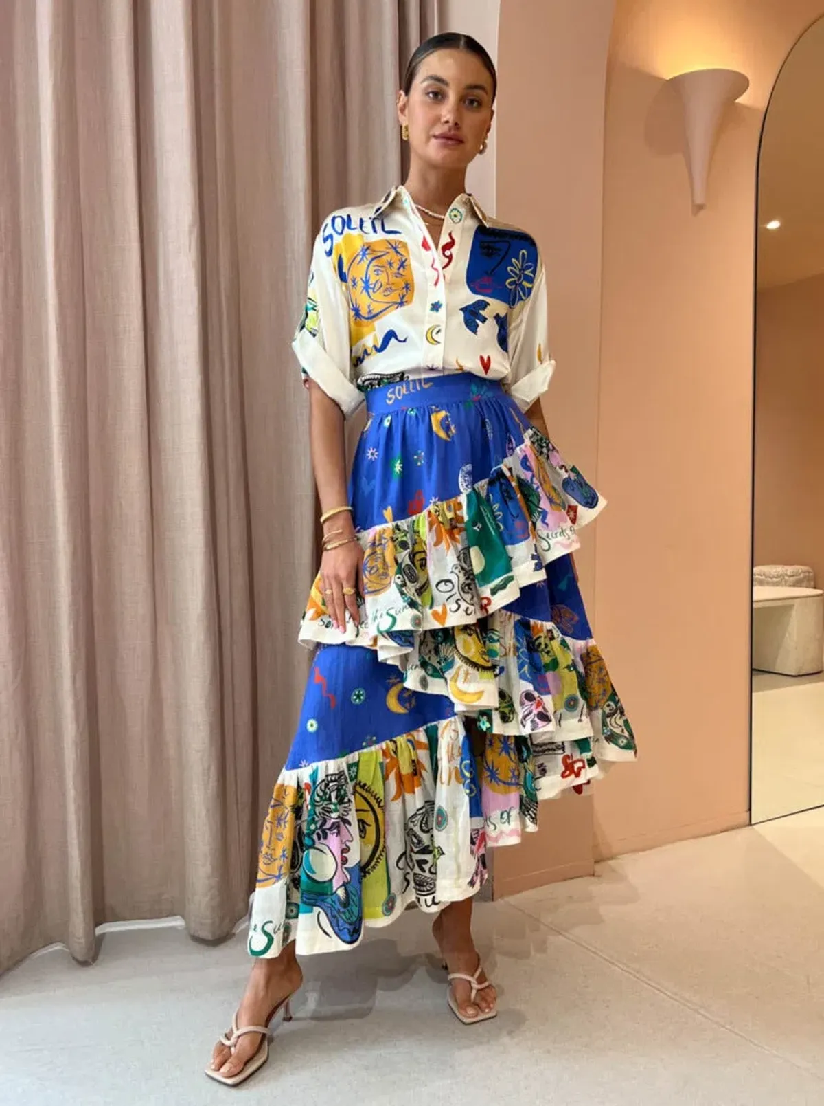 Alemais Soleil Oversized Silk Top Size 12 and Ruffle Skirt Set Multi Size 14  - Image 2