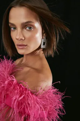 Karen Millen Compact Stretch Feather Bardot Mini Dress Pink Size 10 for rent on The Volte - image 3