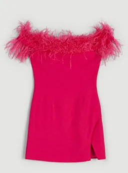 Karen Millen Compact Stretch Feather Bardot Mini Dress Pink Size 10 for rent on The Volte - image 6