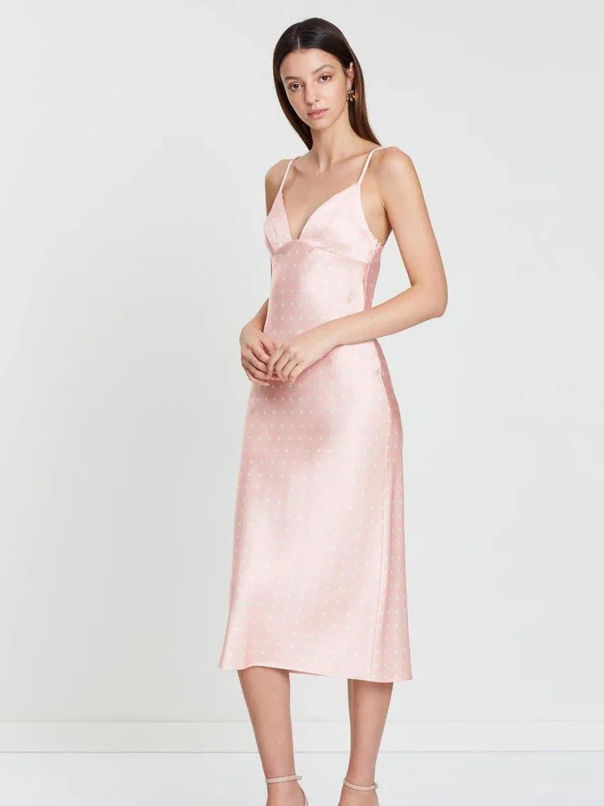 Shona Joy Bias Slip Midi Dress in Strawberry/Cream Spot Size 10 - Image 2