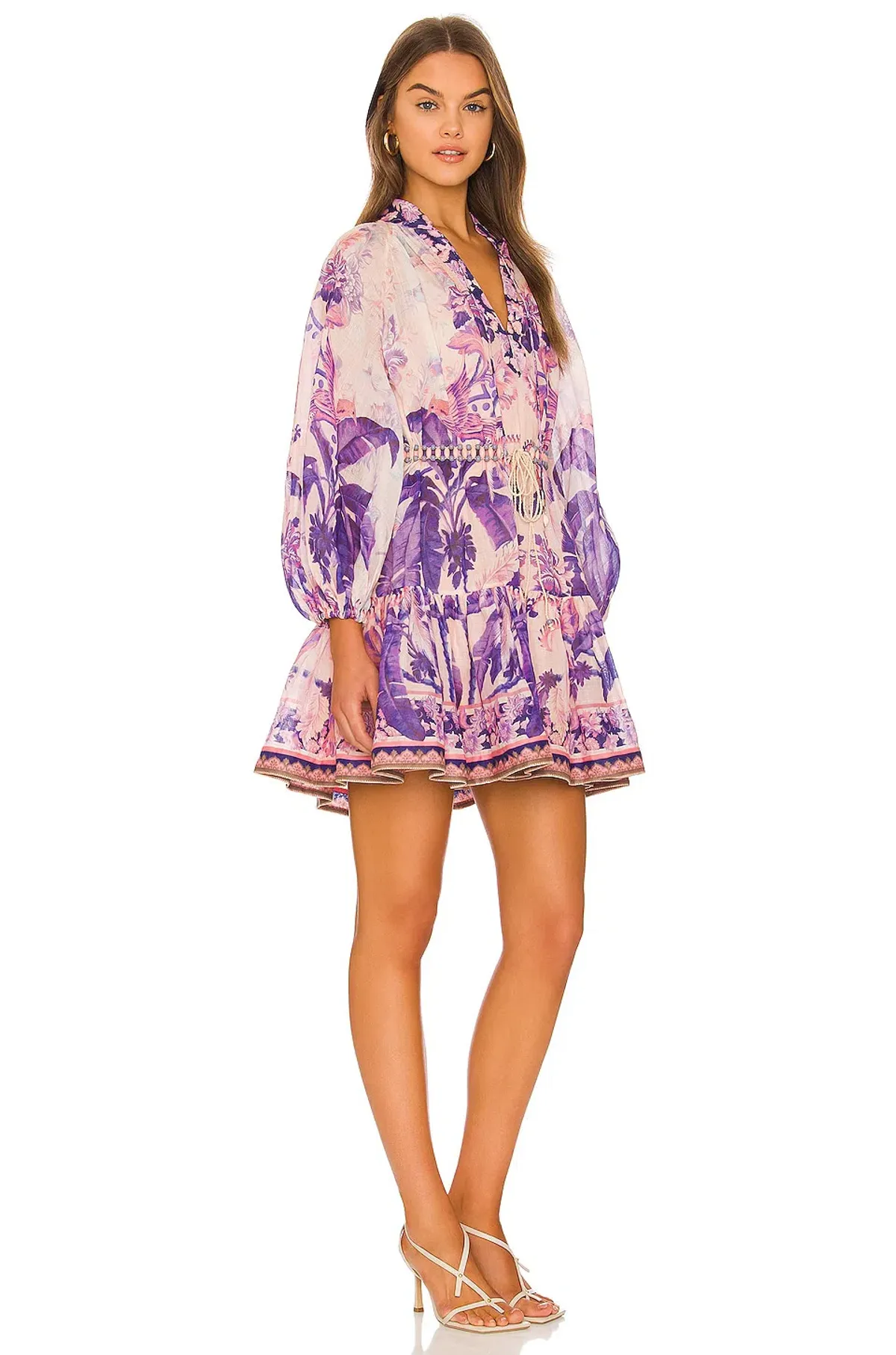 Zimmermann Lyre Billow Mini Dress in Purple Palm Print Size 0 / Au 8 - Image 2