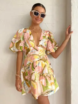 By Nicola  Sol Puff Sleeve Mini Dress In Swirl Check Size 8  for rent on The Volte - image 1